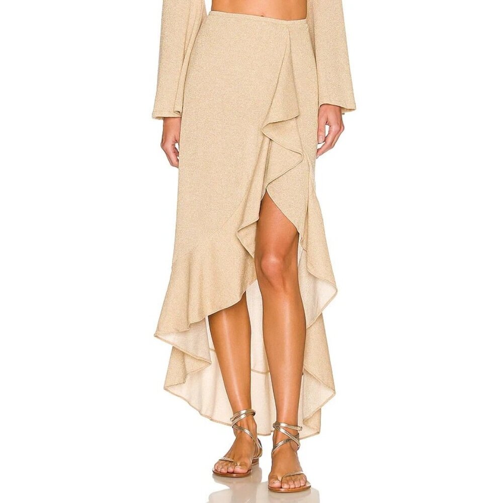 Luli Fama Ruffle High Low Slit Skirt Fold Rush Gold